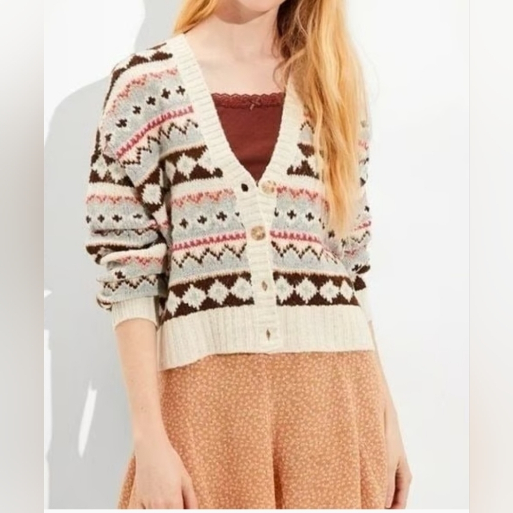 American Eagle Outfitters Cream and Brown Cardigan XS Oversized PTP 24 Length 22